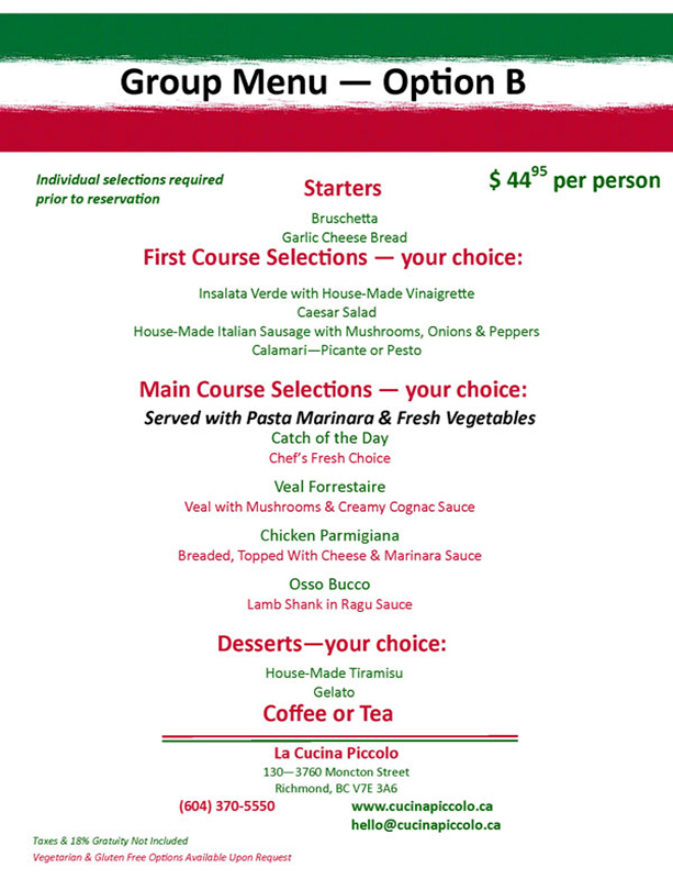 Cucina Piccolo Restaurant in Richmond BC Fine Italian Dining in